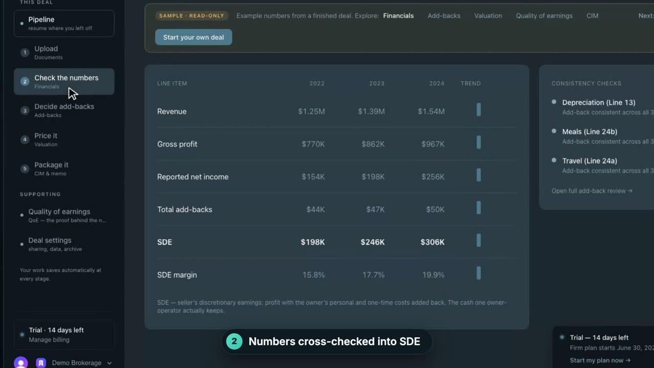 The Cairn app showing a deal's financials cross-checked into SDE
